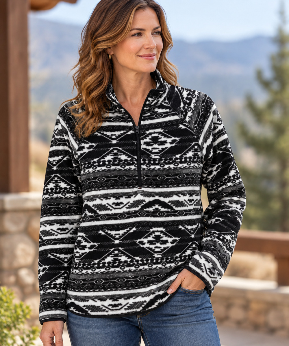 Eddie Bauer Women’s L Black White Aztec Geometric Fleece 1/4 Zip Pullover Cozy